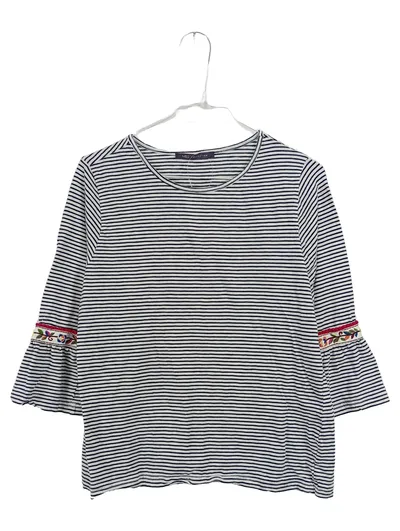 M&S Collection Damen Langarmshirt Gr. L gestreift Stickerei Volantärmel