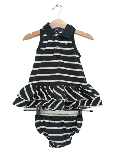 RALPH LAUREN Baby Set Kleid Höschen gestreift Logo Rüschen Gr. 9M/74 Blau