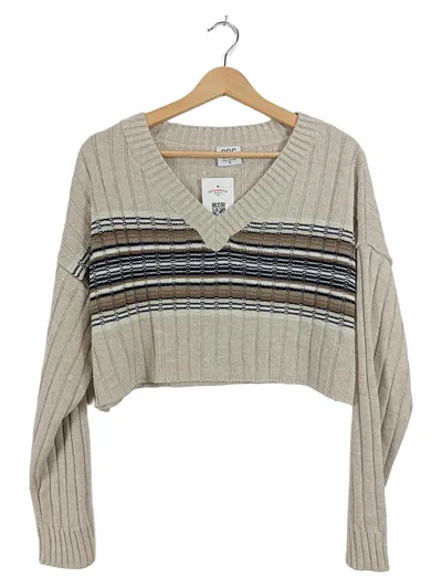 BDG Damen Pullover Strickpullover Cropped Gestreift Beige V-Ausschnitt Gr. 36 S