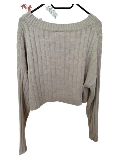 BDG Damen Pullover Strickpullover Cropped Gestreift Beige V-Ausschnitt Gr. 36 S