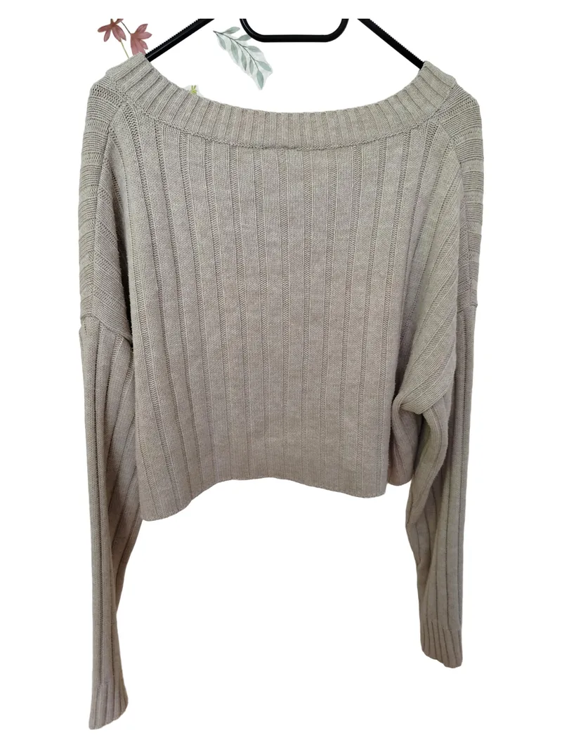 BDG Damen Pullover Strickpullover Cropped Gestreift Beige V-Ausschnitt Gr. 36 S 2