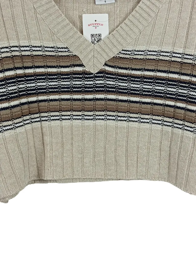 BDG Damen Pullover Strickpullover Cropped Gestreift Beige V-Ausschnitt Gr. 36 S 3