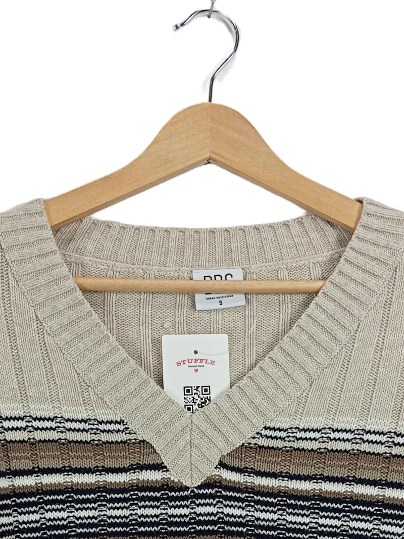 BDG Damen Pullover Strickpullover Cropped Gestreift Beige V-Ausschnitt Gr. 36 S 7
