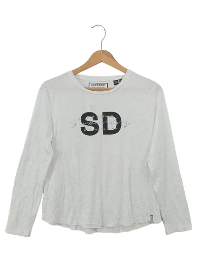 SUPERDRY Langarmshirt Damen Gr. 40/M Weiß Logo-Print Basic Modern