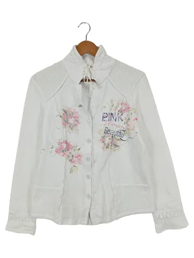 BIBA Damen Sweatjacke Gr. 38/M Weiß Vintage Blumen Schriftzug
