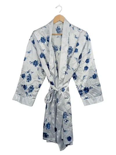 SIMONE Damen Morgenmantel Satin Blumenmuster Weiß Blau Gr. 42/XL