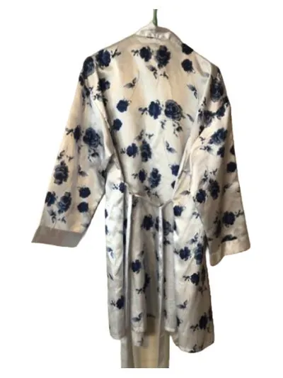 SIMONE Damen Morgenmantel Satin Blumenmuster Weiß Blau Gr. 42/XL