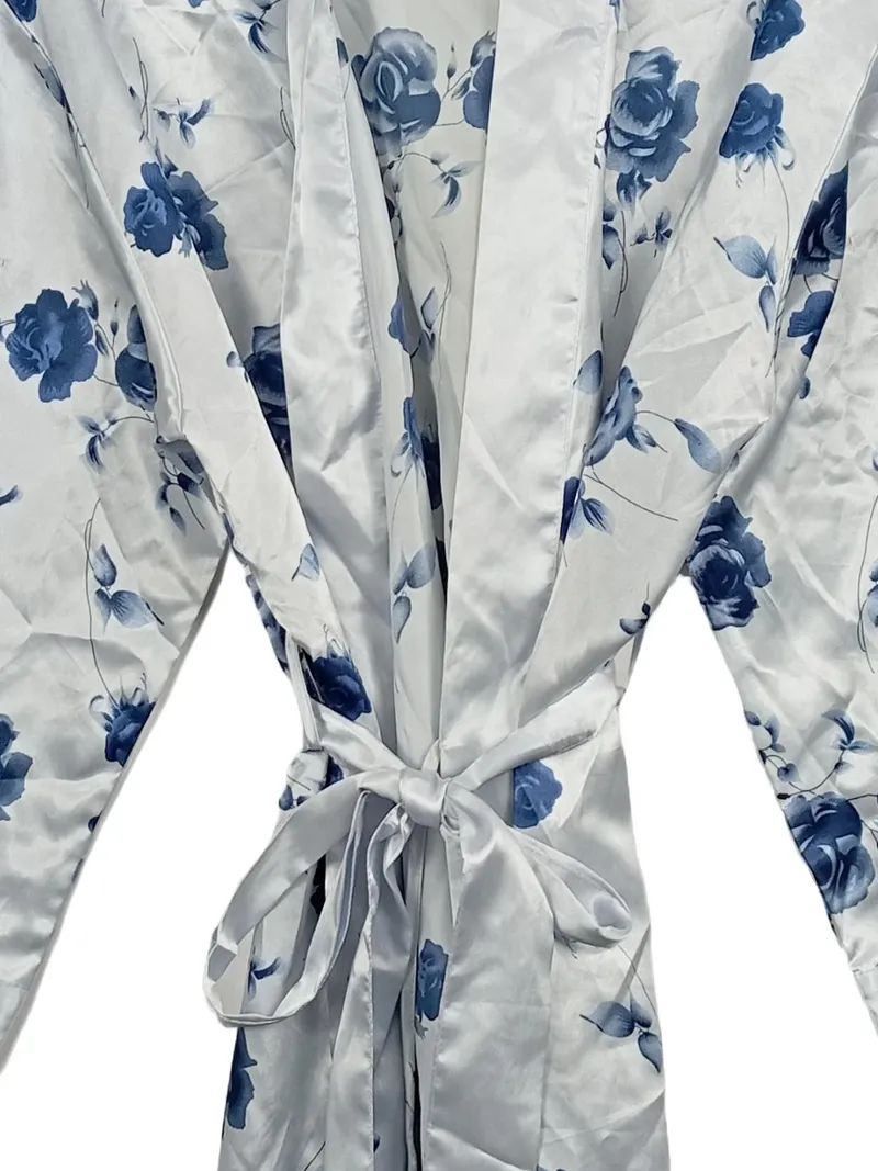 SIMONE Damen Morgenmantel Satin Blumenmuster Weiß Blau Gr. 42/XL 3
