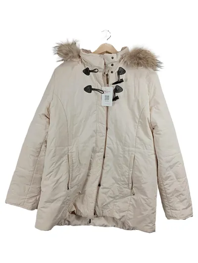 Damen Steppjacke Gr. 42/XL Beige Daunen Kapuze Fellbesatz Knebelverschluss