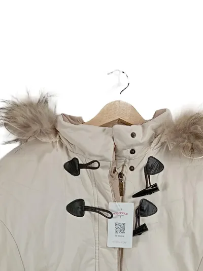 Damen Steppjacke Gr. 42/XL Beige Daunen Kapuze Fellbesatz Knebelverschluss