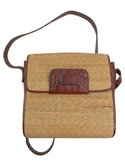 Etienne Aigner Umhängetasche Stroh Kroko-Leder Beige Braun Vintage Damen