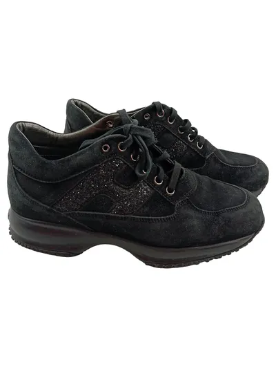 HOGAN Schnürschuhe Damen 36 Schwarz Casual Sportlich Glitzer Sneaker
