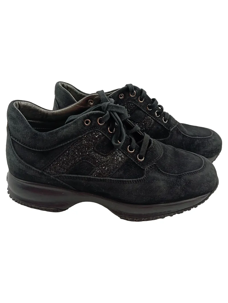 HOGAN Schnürschuhe Damen 36 Schwarz Casual Sportlich Glitzer Sneaker 1