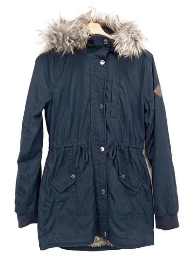 Hollister Damen Parka Winterjacke Blau Gr. XS Kapuze Fellbesatz Casual Outdoor