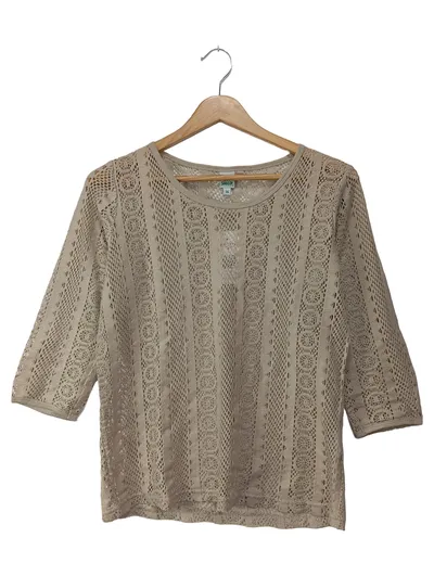 DW SHOP Damen Pullover Lochmuster Beige Gr. 36/S Vintage Bohemian Strick