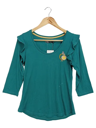 ESSENZA Damen Bluse Gr. 36/S Grün Casual Rüschen Blumenmuster 3/4-Arm