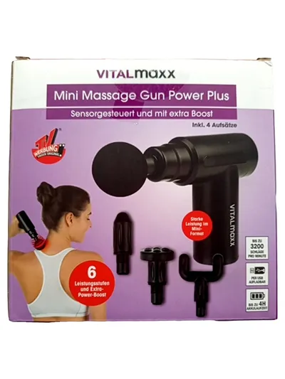 VITALmaxx Mini Massage Gun Power Plus Massagegerät Schwarz 6 Stufen 4 Aufsätze