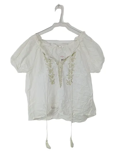 CHERRY Paris Damen Bluse Gr. 38/M Weiß Stickerei Boho Quasten