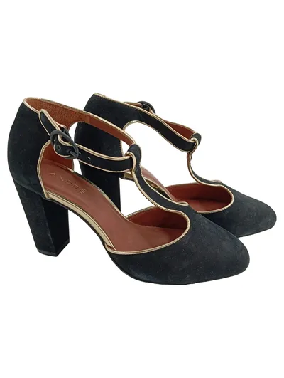 ANDRé Pumps Damen Gr. 37 Schwarz Elegant T-Spange Gold Metallic-Look