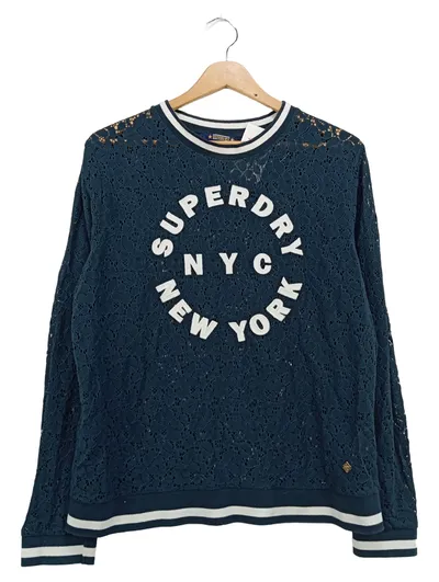 SUPERDRY Pullover Damen 38/M Blau Lochmuster Logo-Print Casual Streetwear