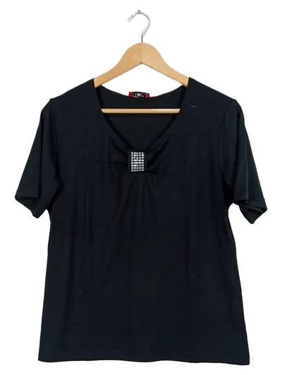 LEA H. Damen T-Shirt Schwarz Gr. 40 L V-Ausschnitt Strass Modern