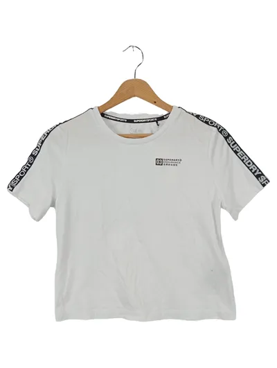 SUPERDRY Damen T-Shirt Gr. 36/S Weiß Sportlich Streetwear Logo-Print