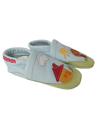 GIESSWEIN Krabbelschuhe Kinder Gr. 20/21 Leder Blau Stickerei Haus Sonne