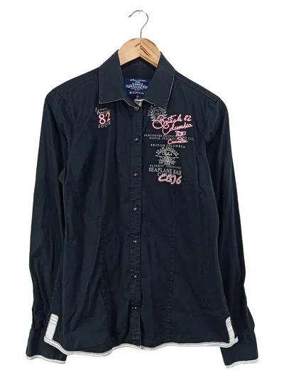 SOCCX Damen Bluse 38/M Schwarz Maritim Casual Langarm Schriftzug Stickerei