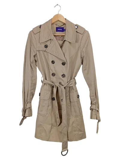 Mexx Damen Trenchcoat Gr. 38 Beige Klassisch Doppelreiher Baumwolle