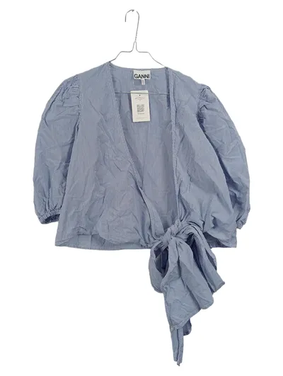 GANNI Gestreifte Wickelbluse Baumwolle Schleife 3/4 Arm Blau Gr. 36 S