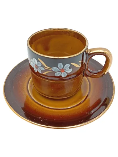 Vintage Kaffeetasse mit Untertasse Tulowice Braun Blumen Goldrand Keramik