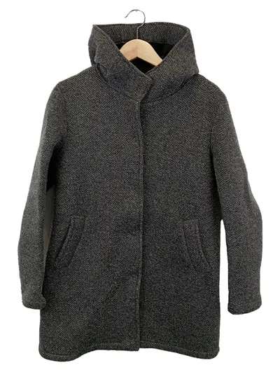 AUST Damen Wollmantel Grau Fischgrätmuster Kapuze Gr. 40/L Klassisch Elegant