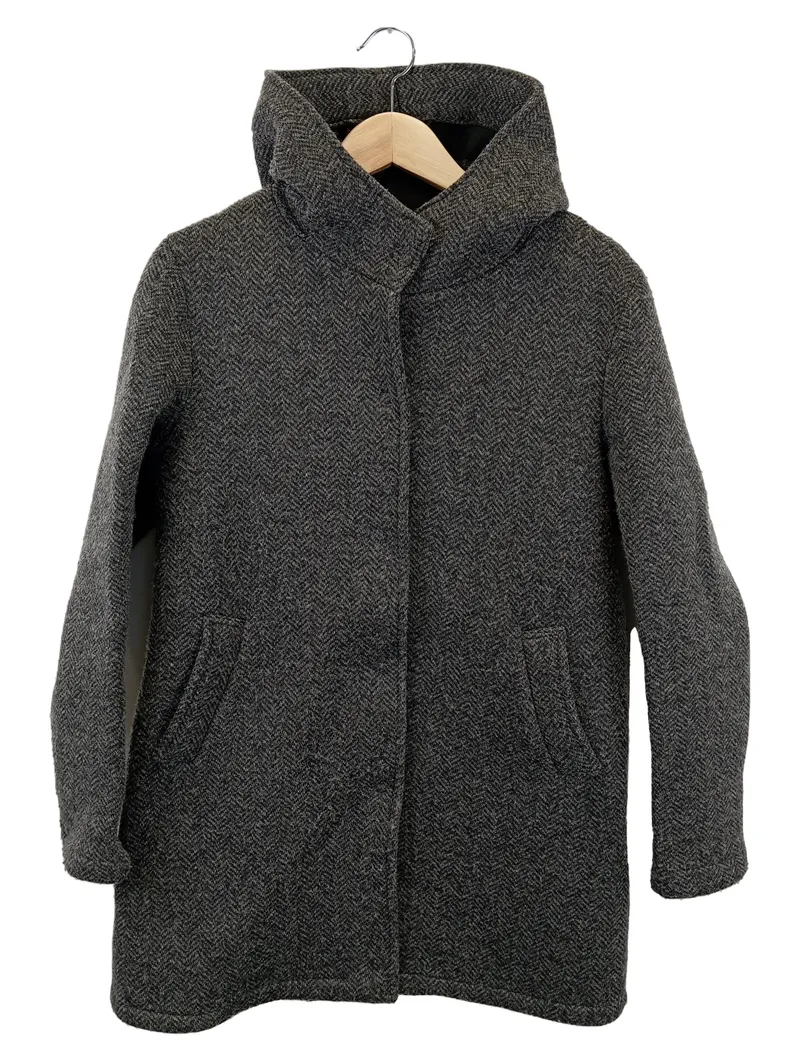 AUST Damen Wollmantel Grau Fischgrätmuster Kapuze Gr. 40/L Klassisch Elegant 1