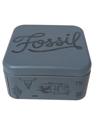 FOSSIL Blechdose Grau Vintage Retro Maritim Kaktus Stierkopf Camper 8.5x8.5cm