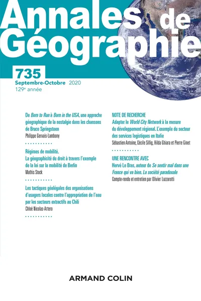 Annales de géographie N° 735 2020 ARMAND COLIN Geowissenschaften Fachzeitschrift