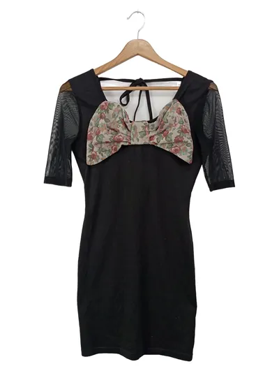 PAPRIKA Damen Freizeitkleid Gr. 36/S Schwarz Vintage Schleife Blumenmuster