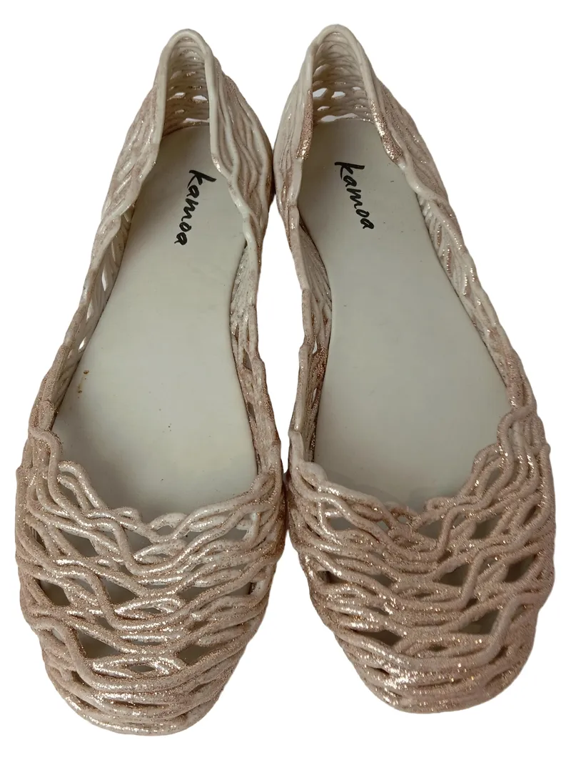 KAMOA Damen Badeschuhe Gr. 40 Beige Glitzer Geflochten Jelly Flats Sommer 1