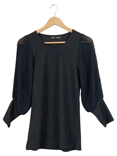 Best Emilie Damen Bluse Gr. 38 Schwarz Puffärmel Plissee Elegant