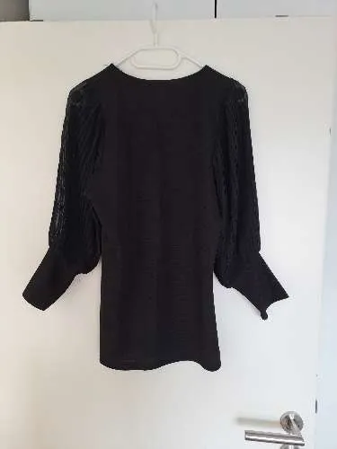 Best Emilie Damen Bluse Gr. 38 Schwarz Puffärmel Plissee Elegant