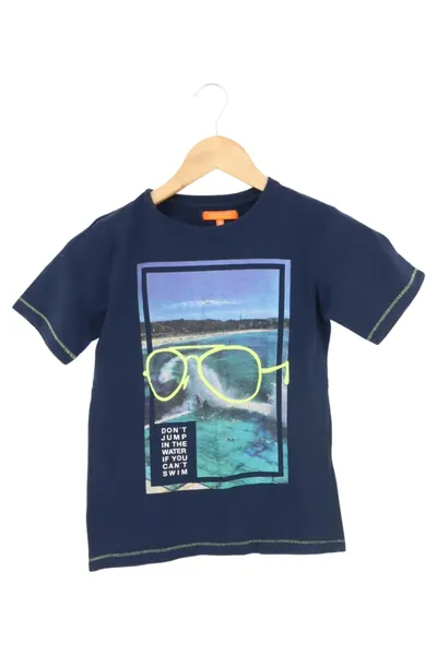 Staccato Kinder T-Shirt Gr. 128 Blau Casual mit Sonnenbrille & Schriftzug Print