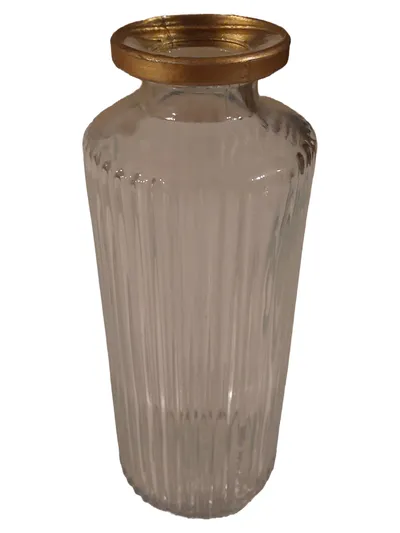 DEKOWELT Deko-Vase Glasvase geriffelt goldfarbener Rand 13cm Transparent