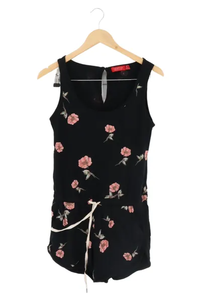 Damen Jumpsuit Kurz Schwarz Blumenmuster Gr. S/36 Ärmellos Sommer