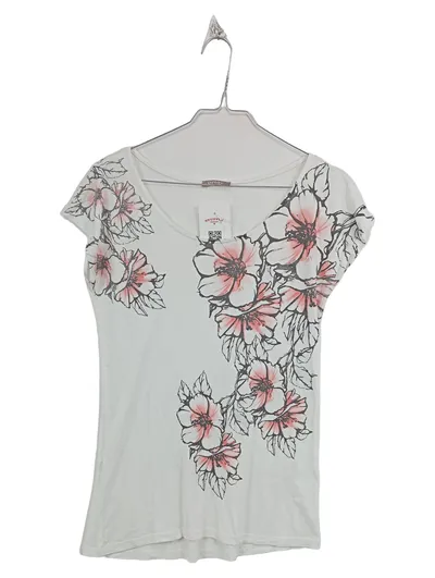 ORSAY Damen T-Shirt Gr. 38 M Weiß Blumenprint Kurzarm Casual