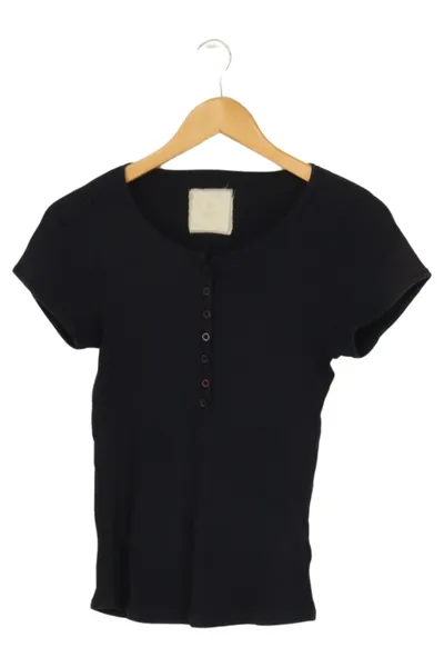 BASEFIELD Damen T-Shirt Gr. 36/S Schwarz Basic Casual Rippstrick Knopfleiste