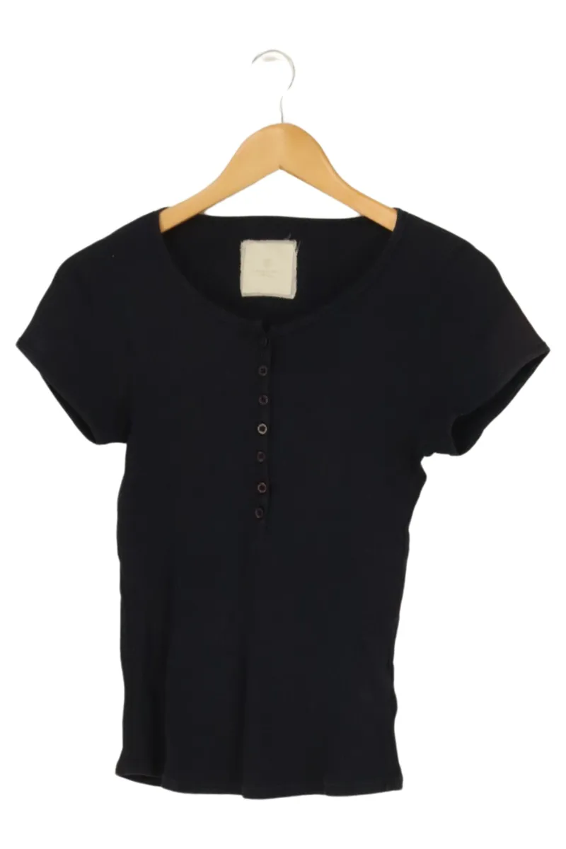 BASEFIELD Damen T-Shirt Gr. 36/S Schwarz Basic Casual Rippstrick Knopfleiste 1