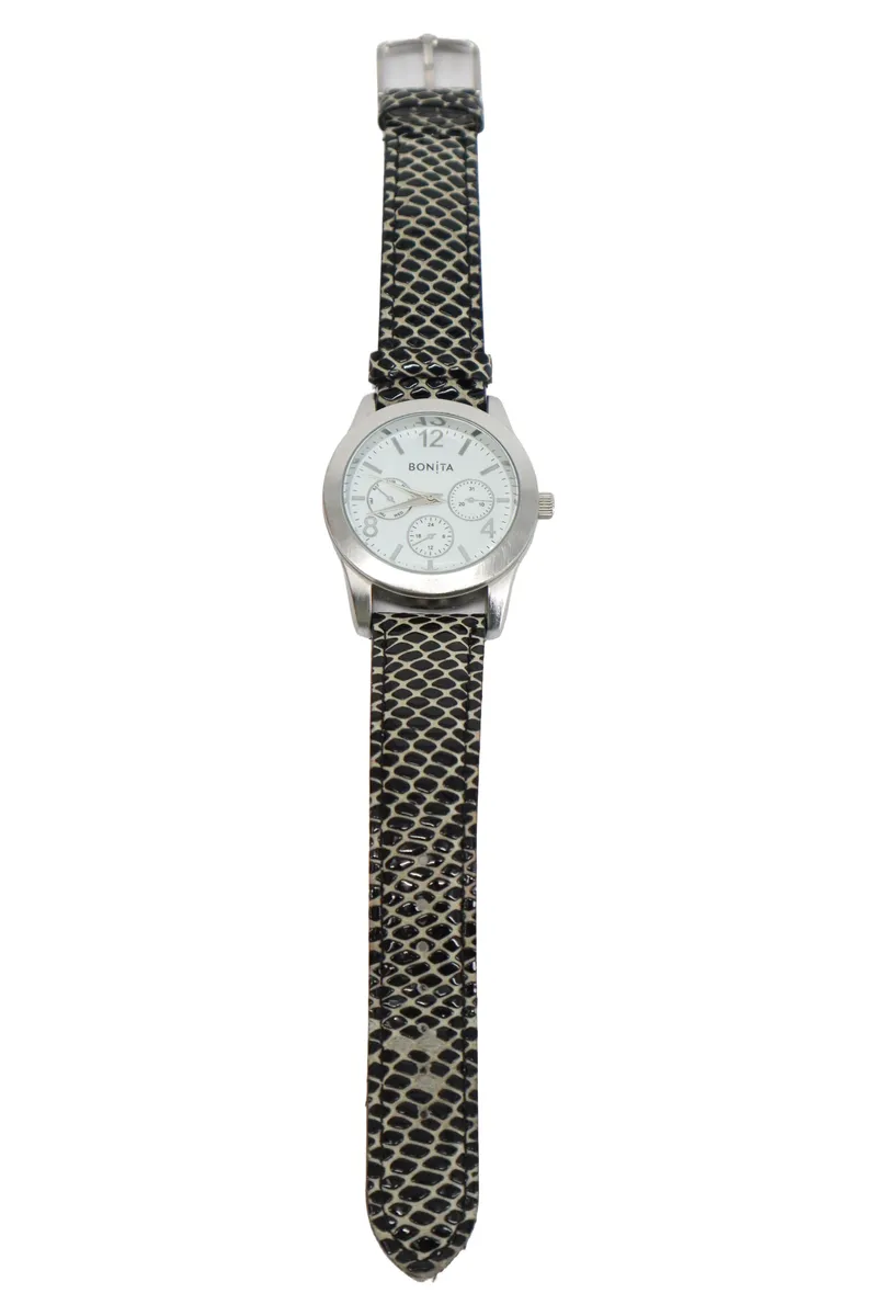 BONITA Armbanduhr Damen Klassisch Silber Leder Tierdruck 39mm Modell 10-12-771 1