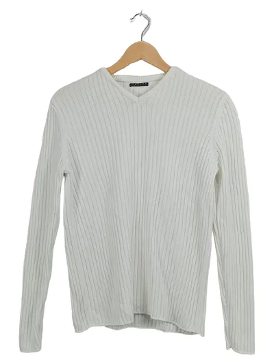 Sisley Damen Pullover Rippstrick Weiß Gr. 38 M Baumwolle V-Ausschnitt