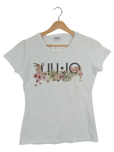 LIU JO Damen T-Shirt Gr. 36/S Weiß Blumenprint Strass Logo