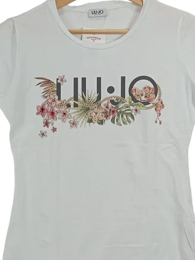 LIU JO Damen T-Shirt Gr. 36/S Weiß Blumenprint Strass Logo