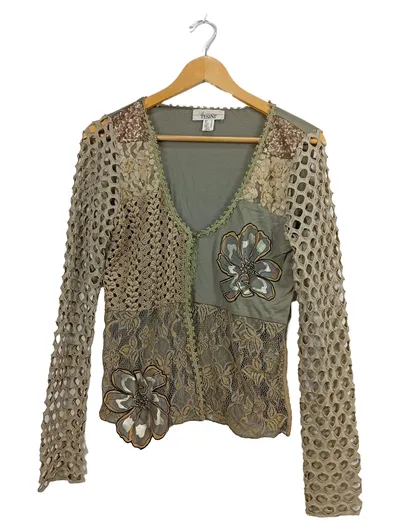 Linea Tesini Damen Strickjacke Gr. 38/M Spitze Blumen Beige Khaki